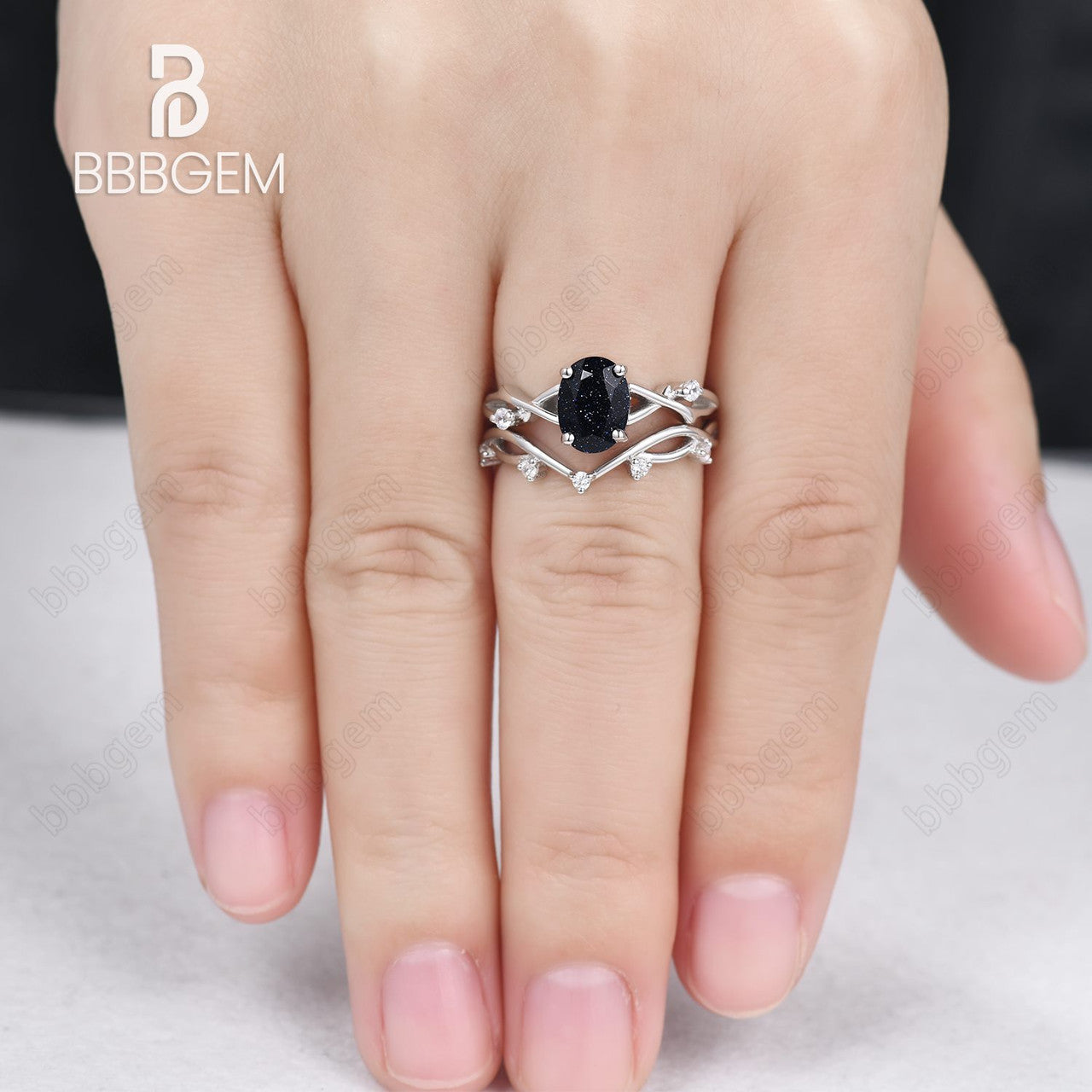 Solitaire Oval Blue Sandstone Engagement Ring Set Willow Twig Vine Blue Goldstone Diamond Ring 14K White Gold-BBBGEM Women Ring Set