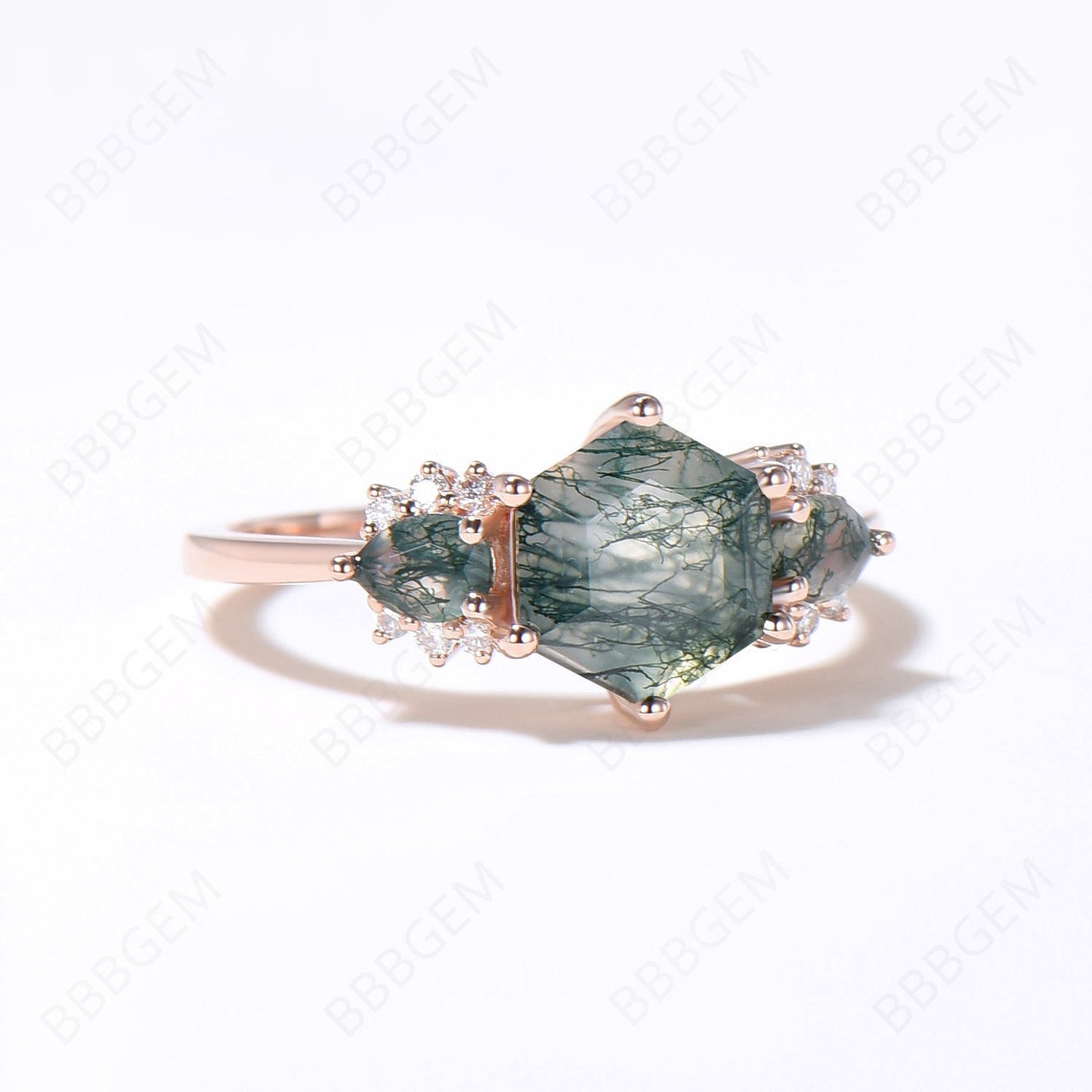 Unique Hexagon Cut Natural Moss Agate Engagement Ring Teardrop Aquatic Agate Bridal Ring Solid Gold Cluster Moissanite Ring Women Gift