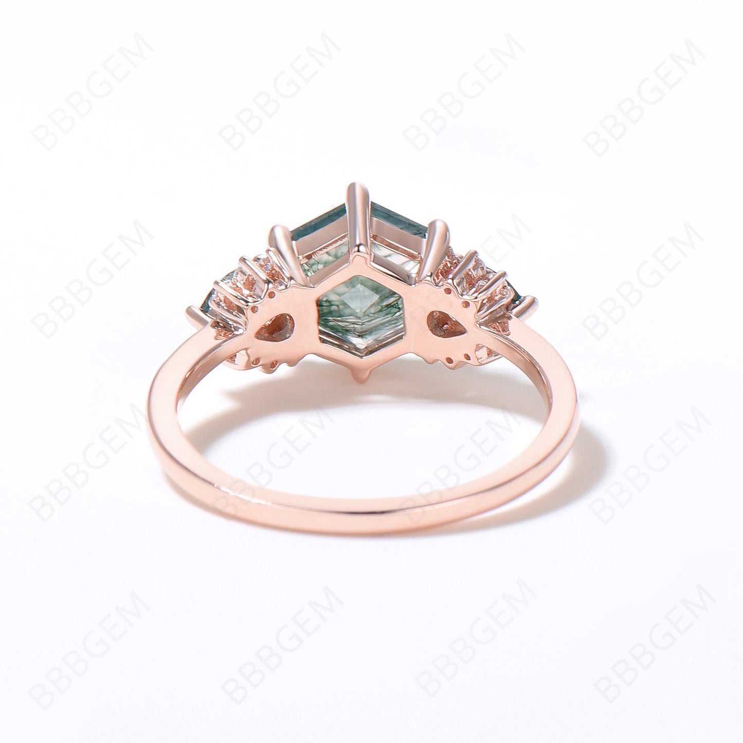 Unique Hexagon Cut Natural Moss Agate Engagement Ring Teardrop Aquatic Agate Bridal Ring Solid Gold Cluster Moissanite Ring Women Gift