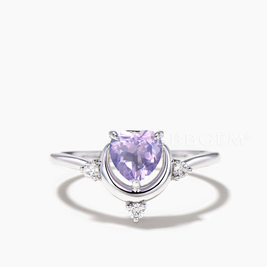 Heart Cut Natural Lavender Amethyst Moon Engagement Ring Diamond Celestial Ring