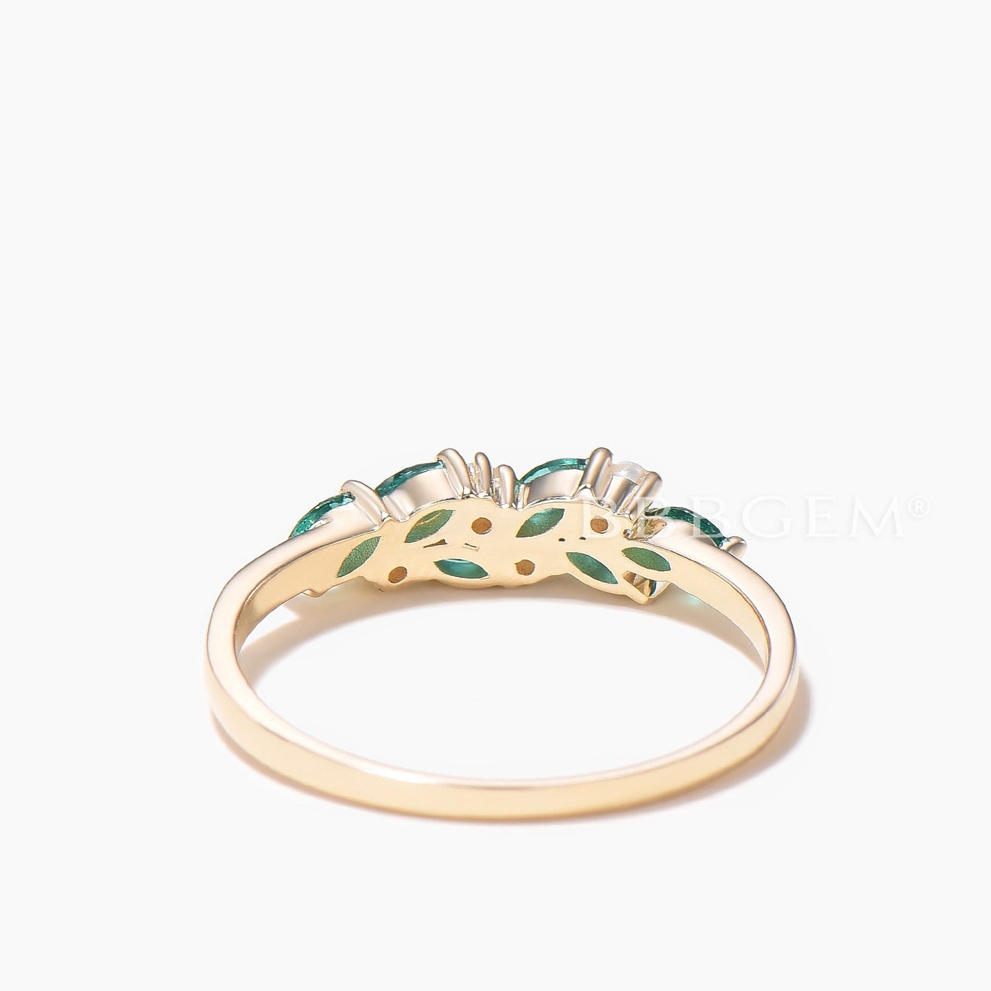 Marquise Cut Emerald Wedding Ring Pearl Cluster Yellow Gold Stacking Band