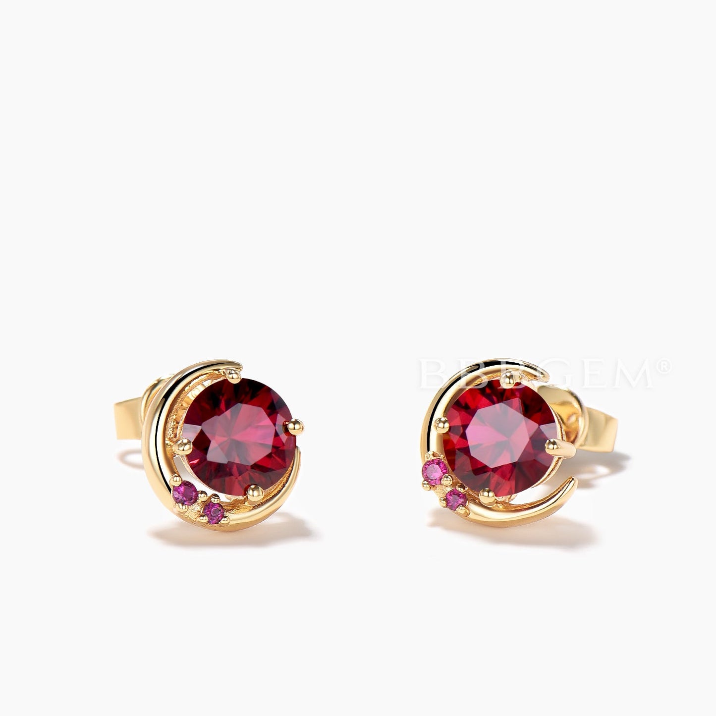 1CT Round Cut Natural Garnet Stud Earrings Ruby Moon Celetial Earrings