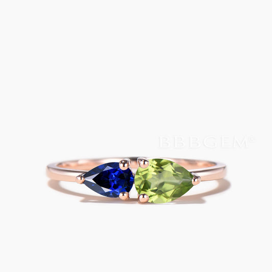 Teardrop Cut Peridot Sapphire Engagement Ring Rose Gold Toi et Moi Ring