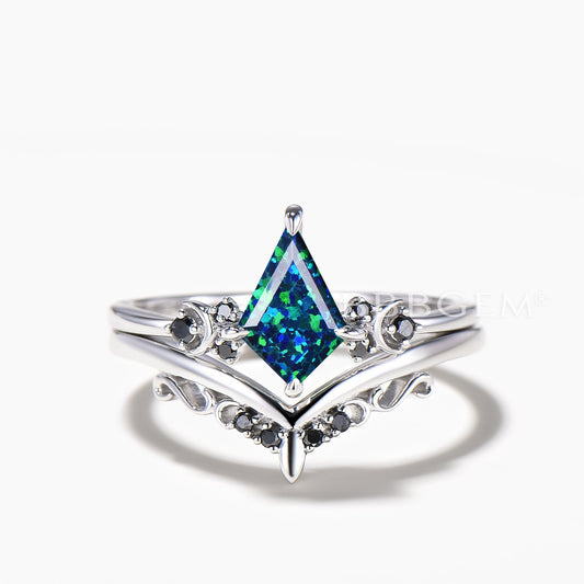 Celestial Bridal Set 1CT Kite Cut Black Opal Moon Engagement Ring Spinel Band