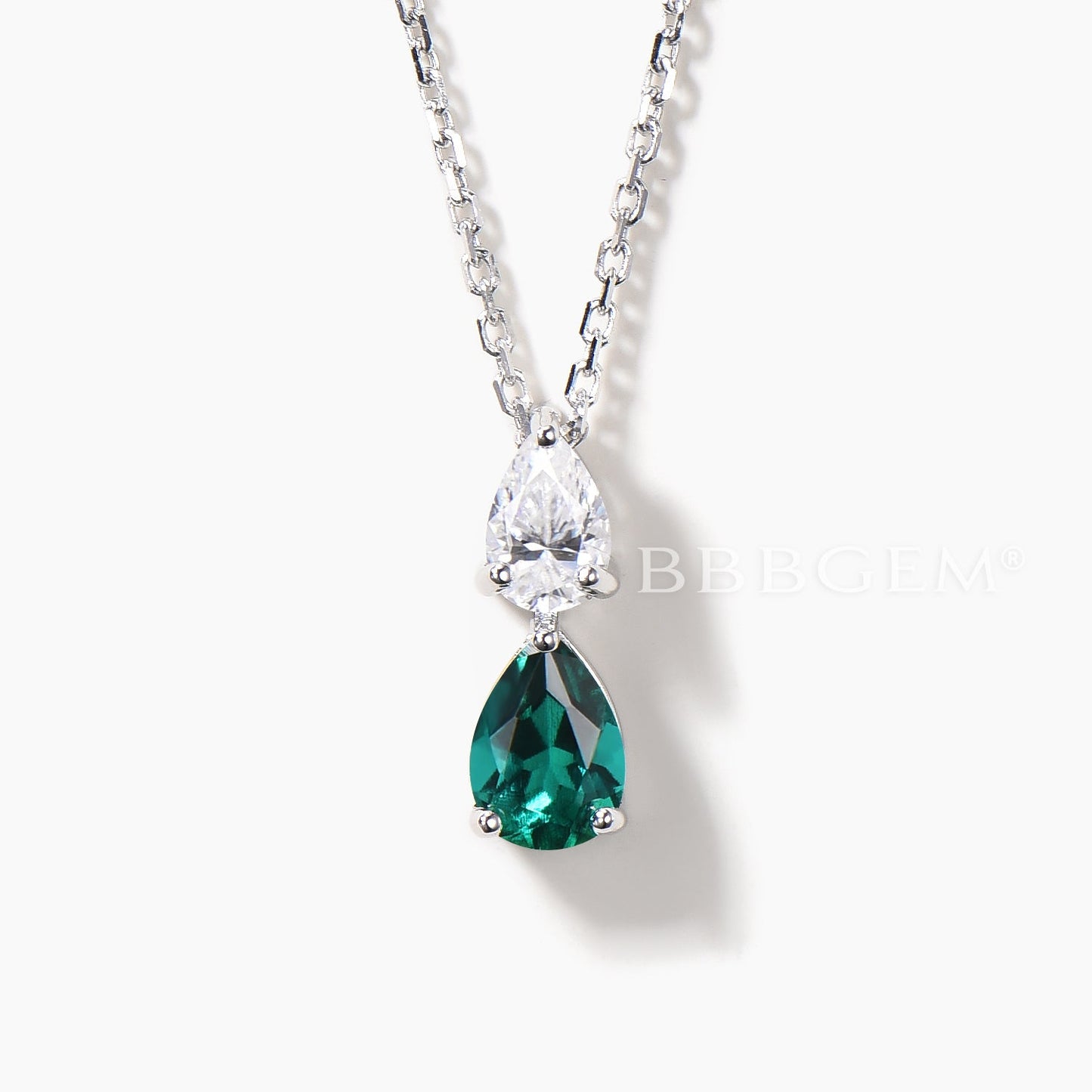 Teardrop Cut Emerald Moissanite Pendant Toi et Moi White Gold Wedding Necklace