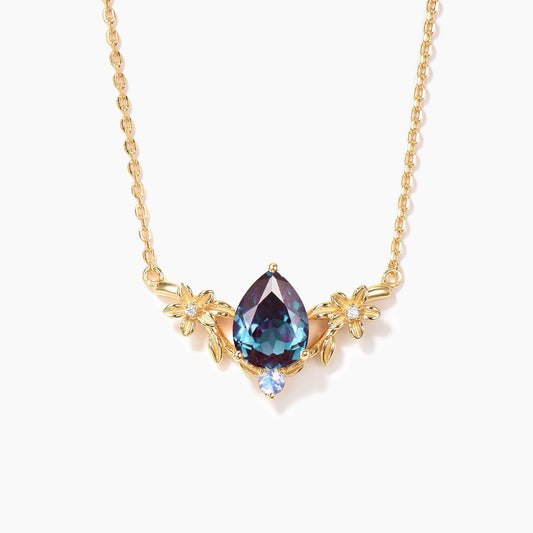 Pear Cut Color-Change Alexandrite Necklace Floral Leaf Necklace