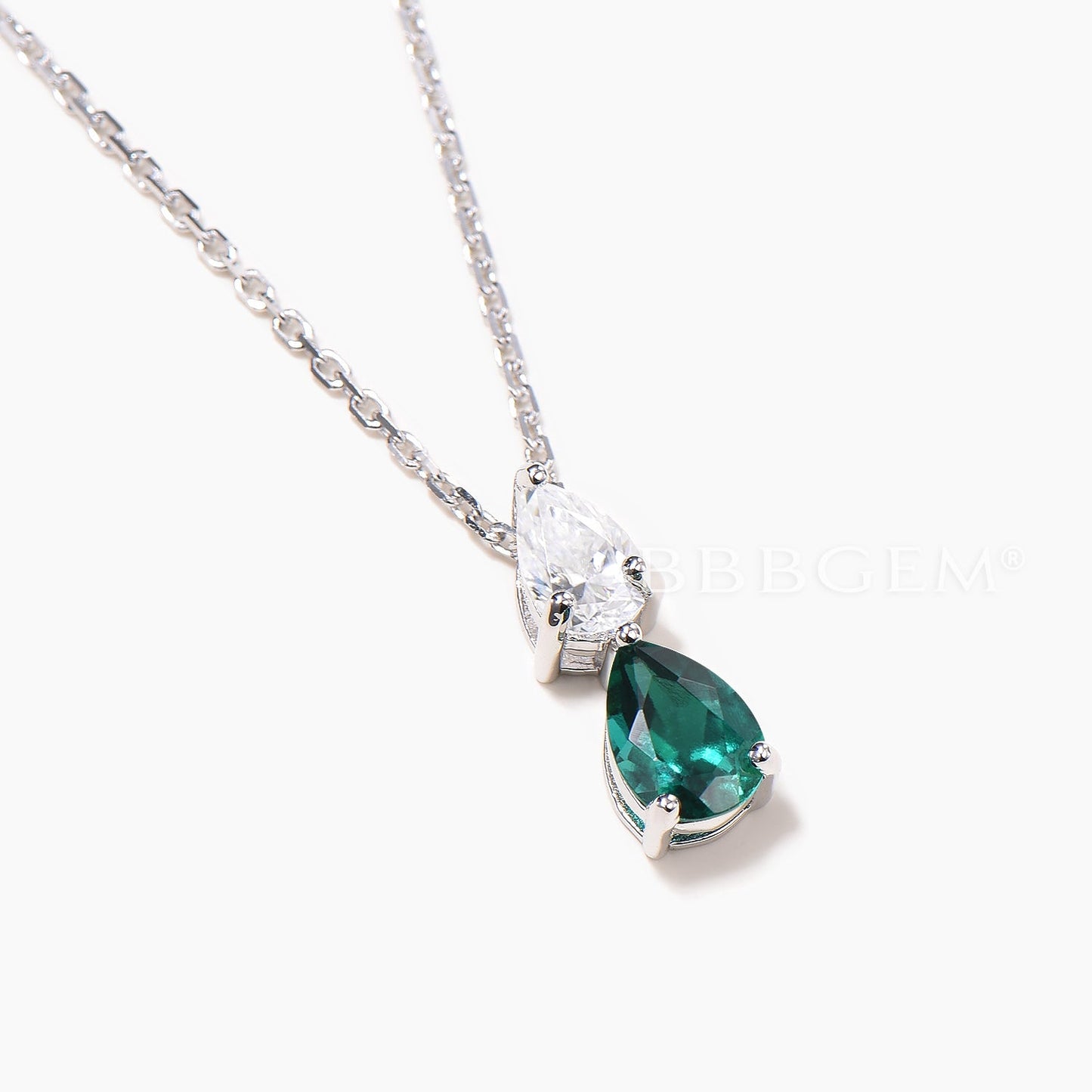 Teardrop Cut Emerald Moissanite Pendant Toi et Moi White Gold Wedding Necklace