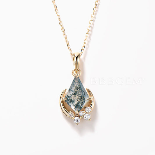 Kite Cut Natural Moss Agate Necklace Diamond Cluster Moon Yellow Gold Pendant