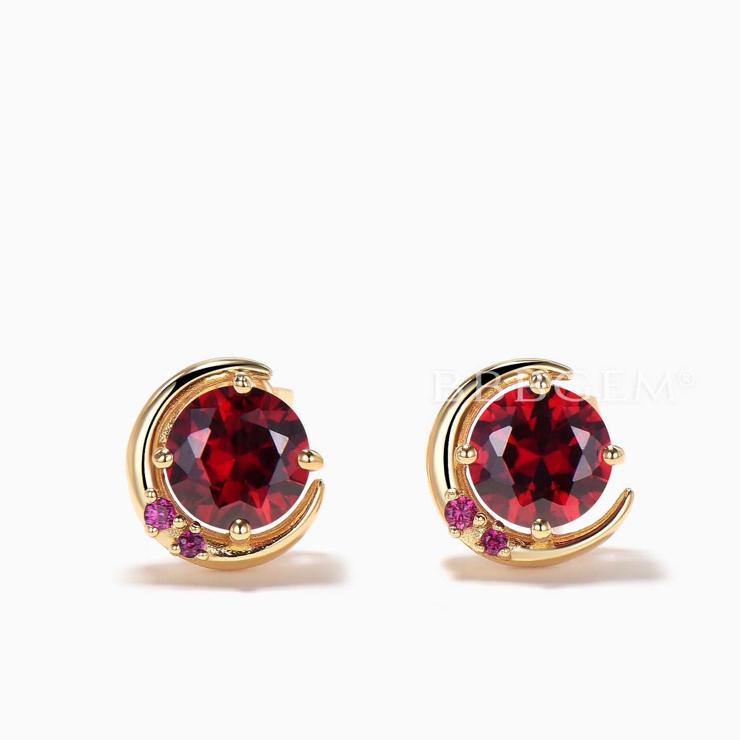 1CT Round Cut Natural Garnet Stud Earrings Ruby Moon Celetial Earrings