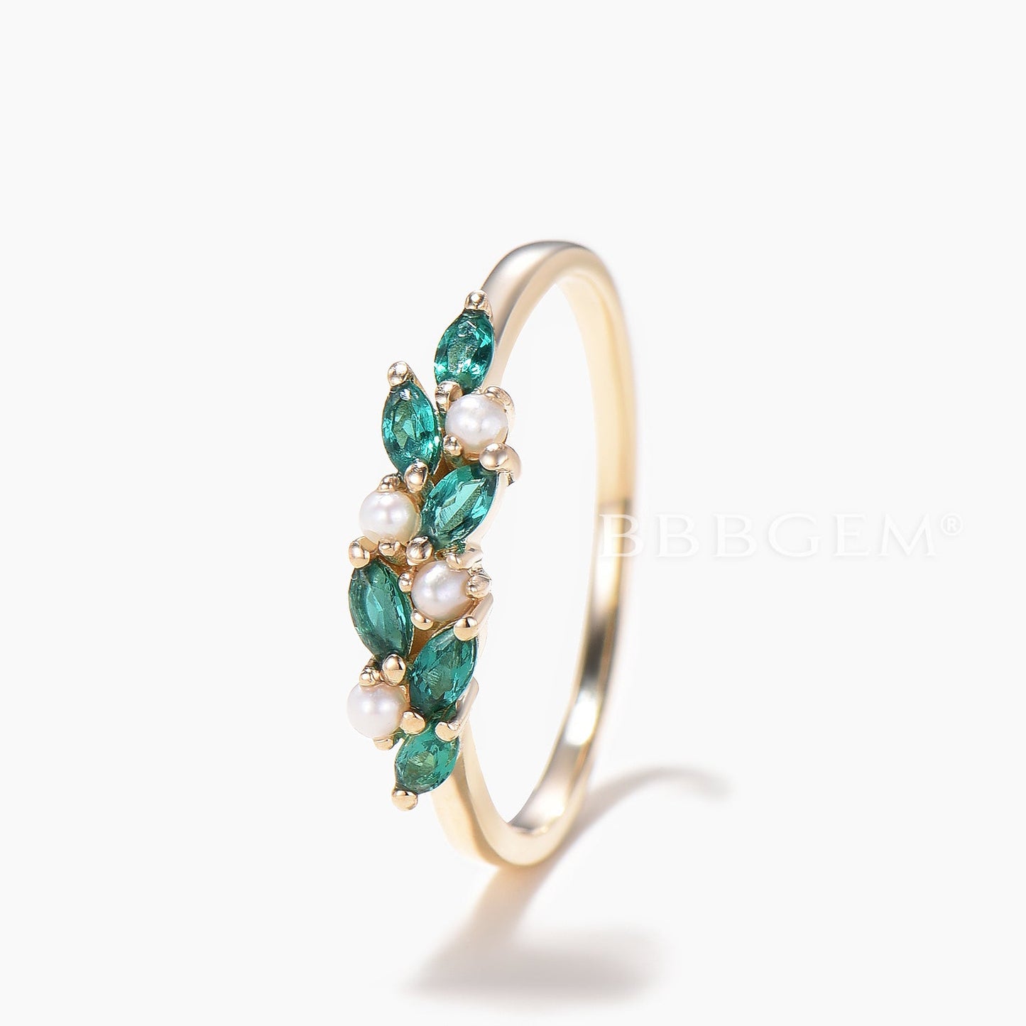 Marquise Cut Emerald Wedding Ring Pearl Cluster Yellow Gold Stacking Band