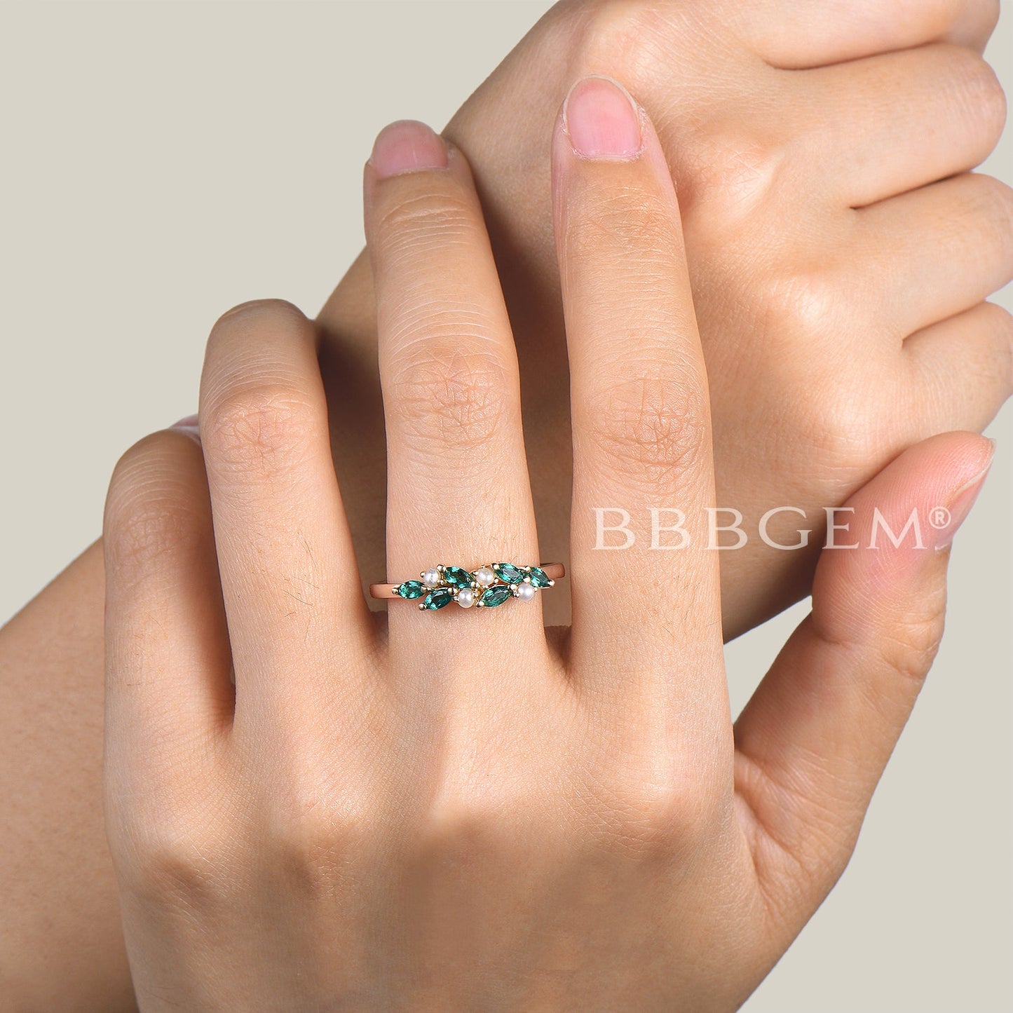 Marquise Cut Emerald Wedding Ring Pearl Cluster Yellow Gold Stacking Band