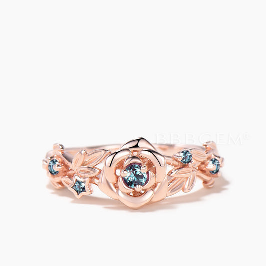 Round Cut Color-change Alexandrite Flower Engagement Ring Split Shank Ring