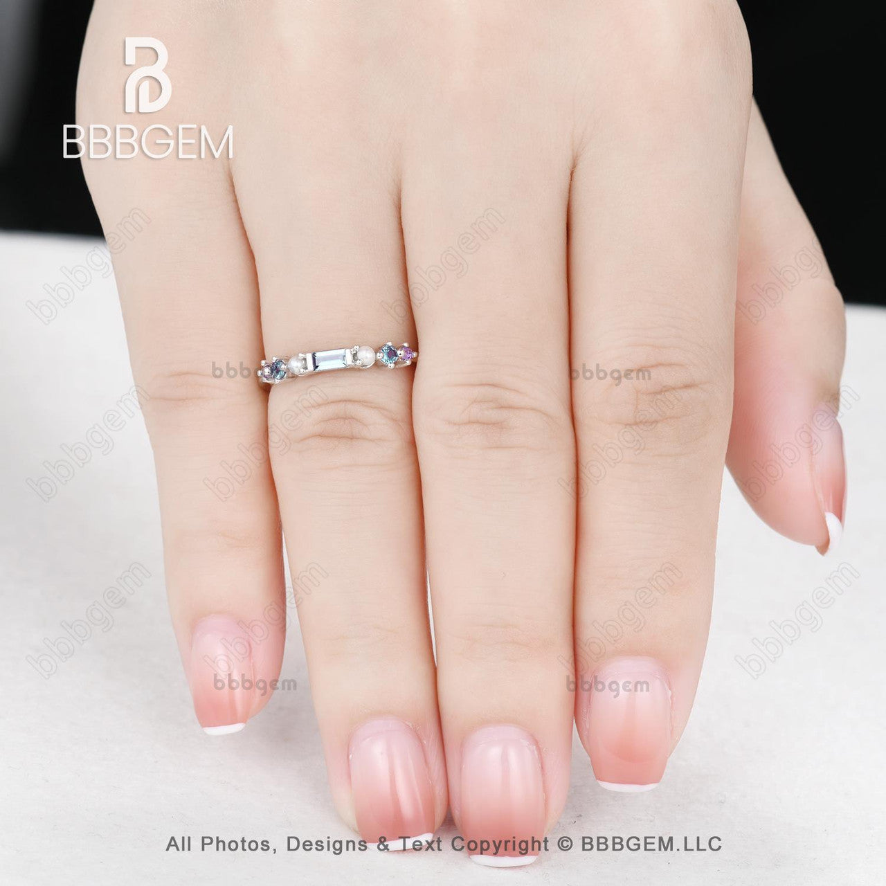 Alexandrite and pearl multi stone band-multi gemstone band ring-bbbgem rainbow stone wedding everyday ring