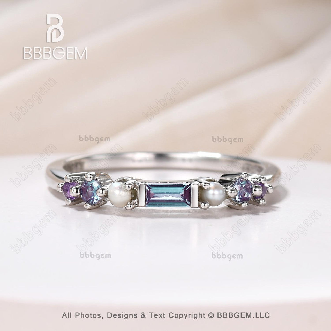 Alexandrite and pearl multi stone band-multi gemstone band ring-bbbgem rainbow stone wedding everyday ring