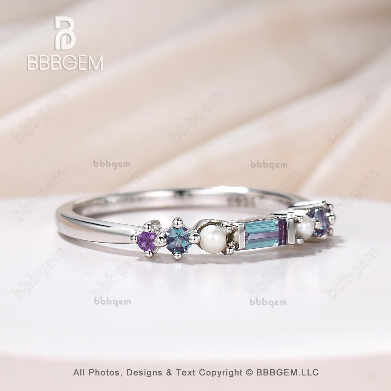 Alexandrite and pearl multi stone band-multi gemstone band ring-bbbgem rainbow stone wedding everyday ring