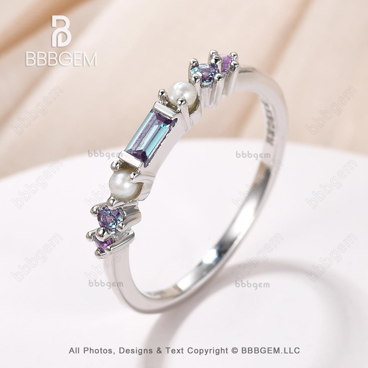 Alexandrite and pearl multi stone band-multi gemstone band ring-bbbgem rainbow stone wedding everyday ring