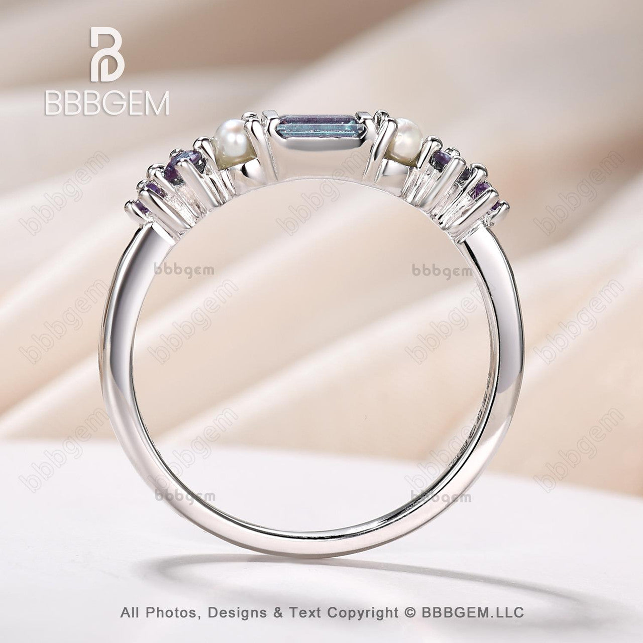 Alexandrite and pearl multi stone band-multi gemstone band ring-bbbgem rainbow stone wedding everyday ring