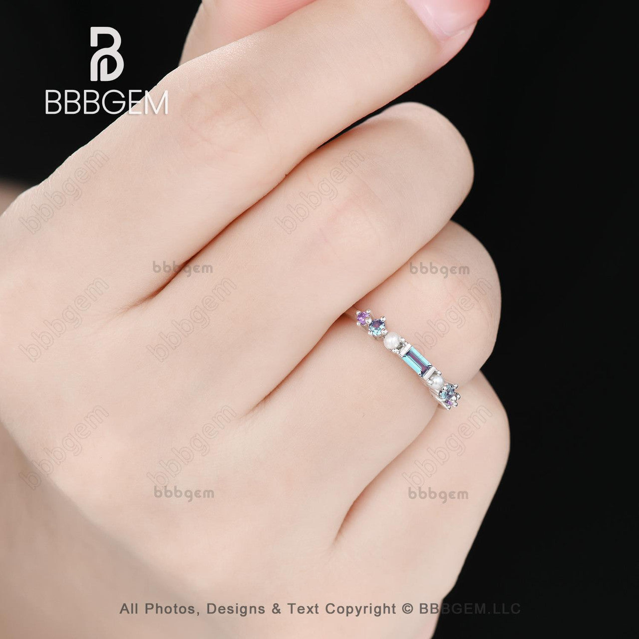 Alexandrite and pearl multi stone band-multi gemstone band ring-bbbgem rainbow stone wedding everyday ring