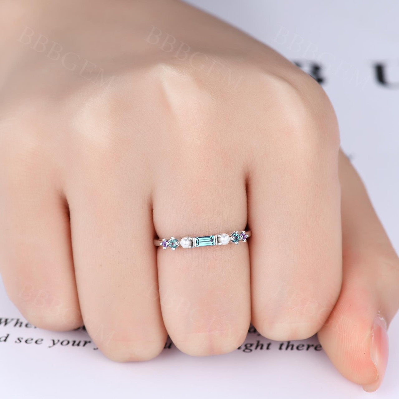 Alexandrite and pearl multi stone band-multi gemstone band ring-bbbgem rainbow stone wedding everyday ring