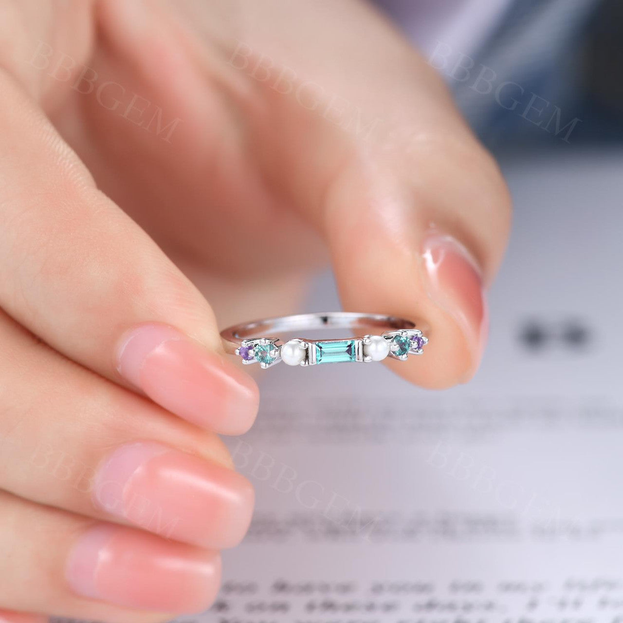 Alexandrite and pearl multi stone band-multi gemstone band ring-bbbgem rainbow stone wedding everyday ring