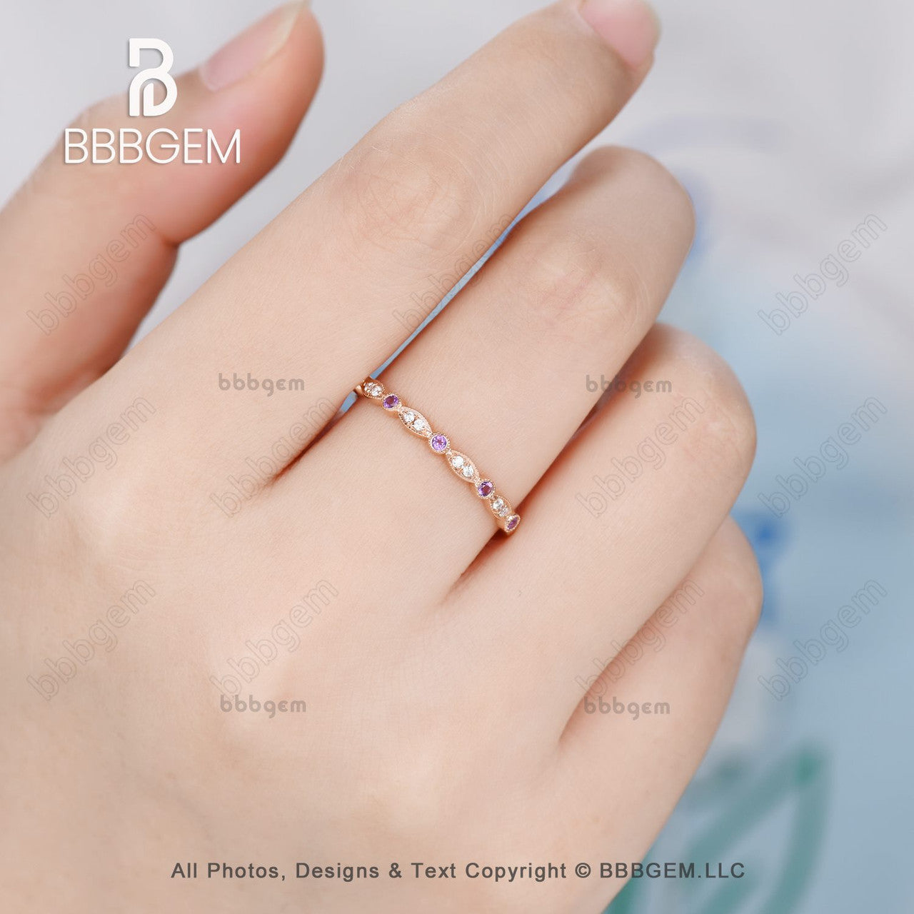 Amethyst Moissanite Wedding Band 1418k Rose Gold Half Eternity Marquise Shape