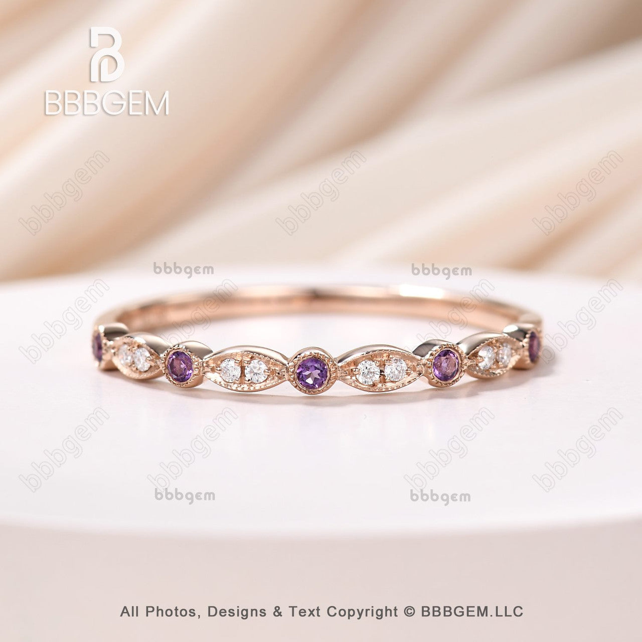 Amethyst Moissanite Wedding Band 1418k Rose Gold Half Eternity Marquise Shape