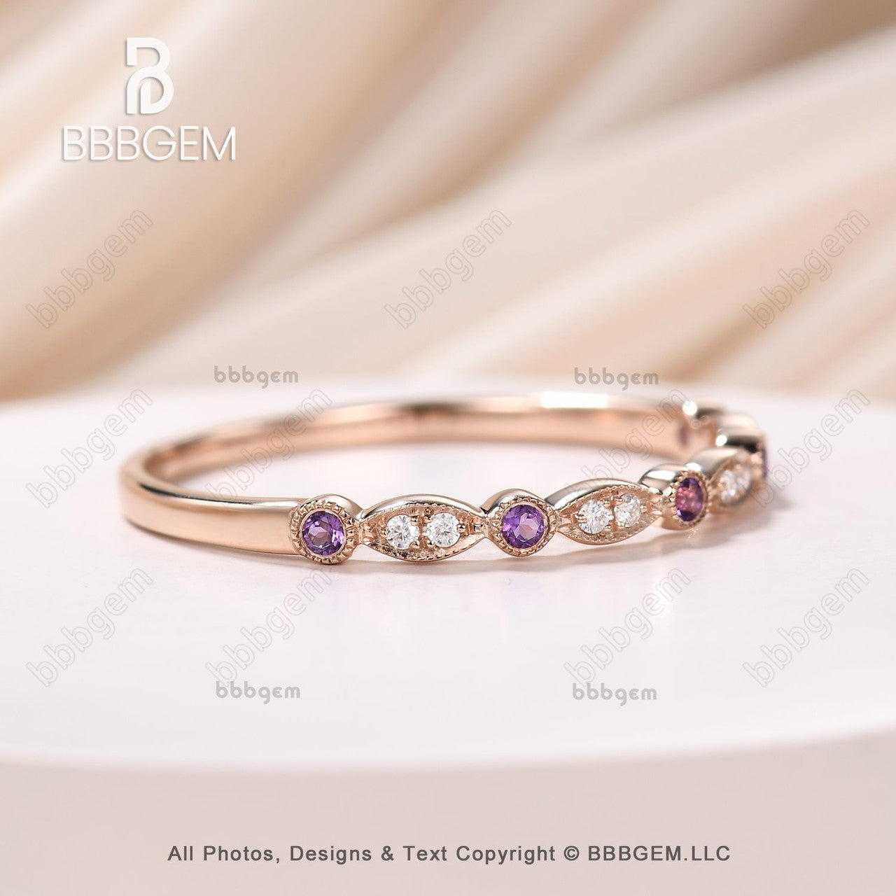 Amethyst Moissanite Wedding Band 1418k Rose Gold Half Eternity Marquise Shape