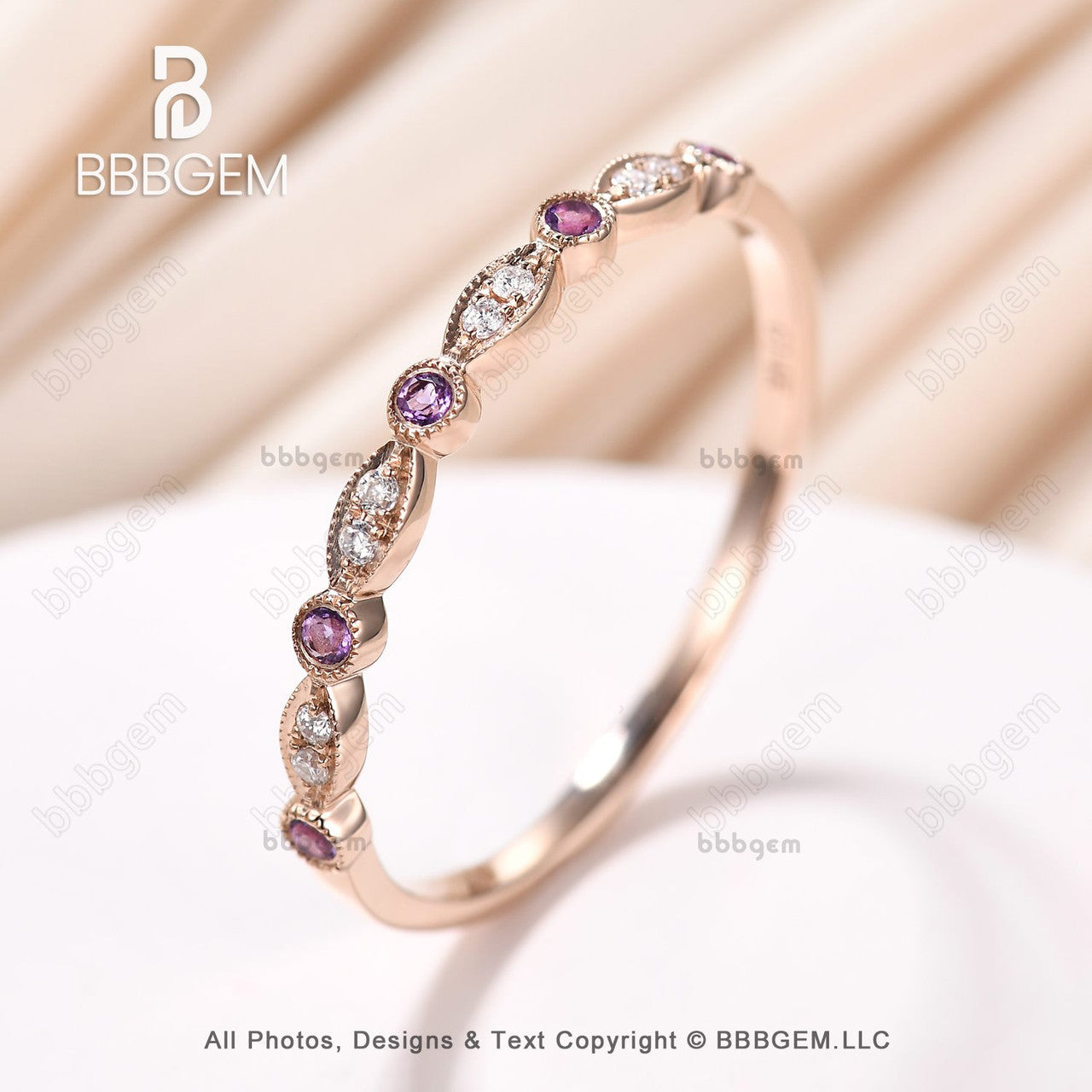 Amethyst Moissanite Wedding Band 1418k Rose Gold Half Eternity Marquise Shape