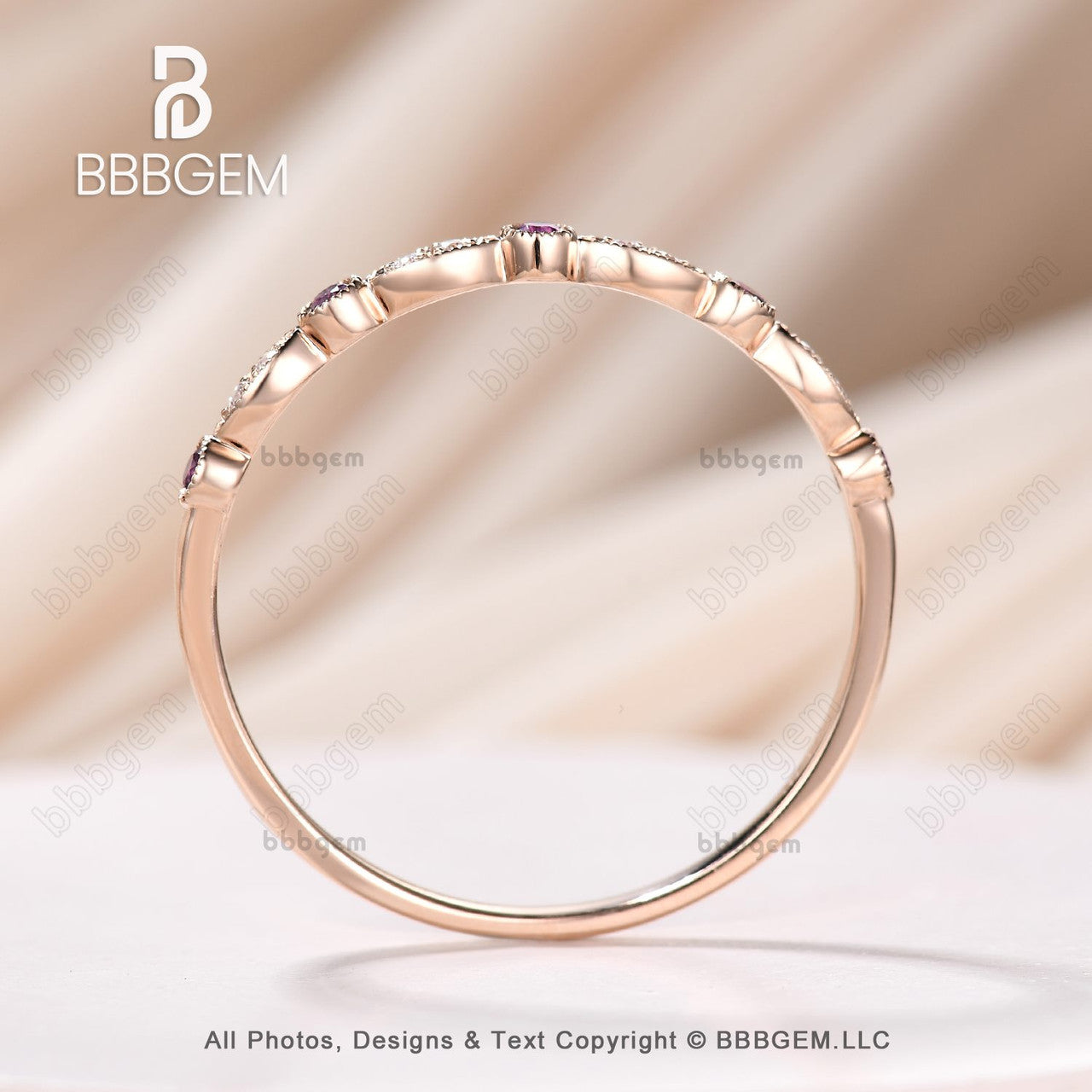 Amethyst Moissanite Wedding Band 1418k Rose Gold Half Eternity Marquise Shape