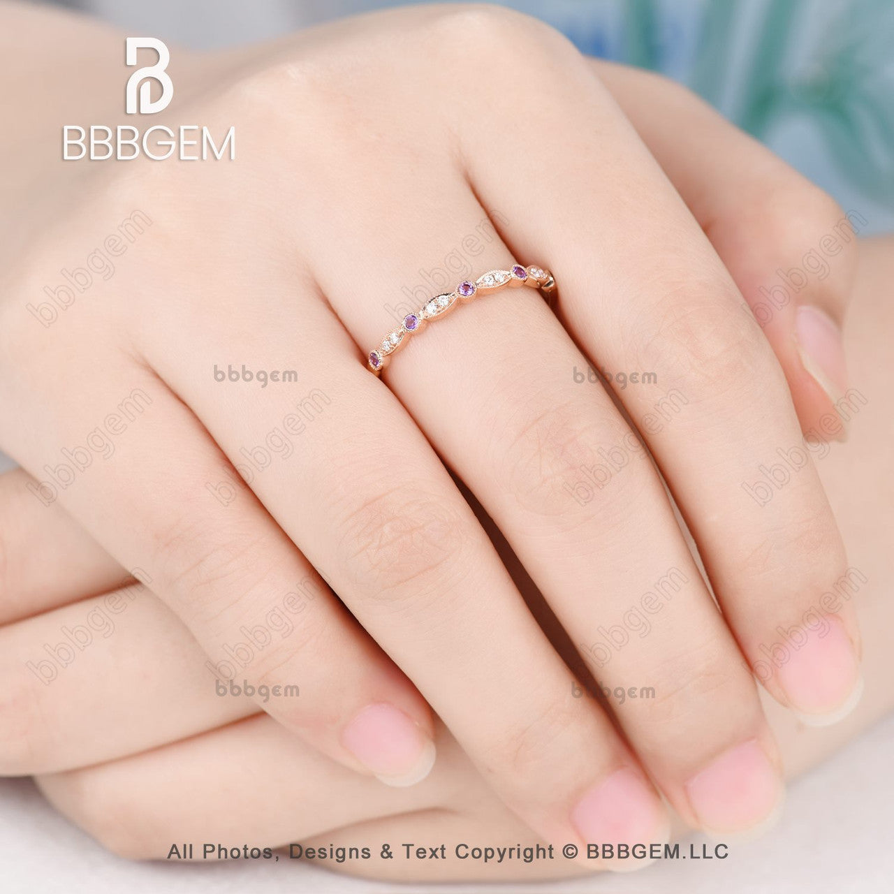 Amethyst Moissanite Wedding Band 1418k Rose Gold Half Eternity Marquise Shape