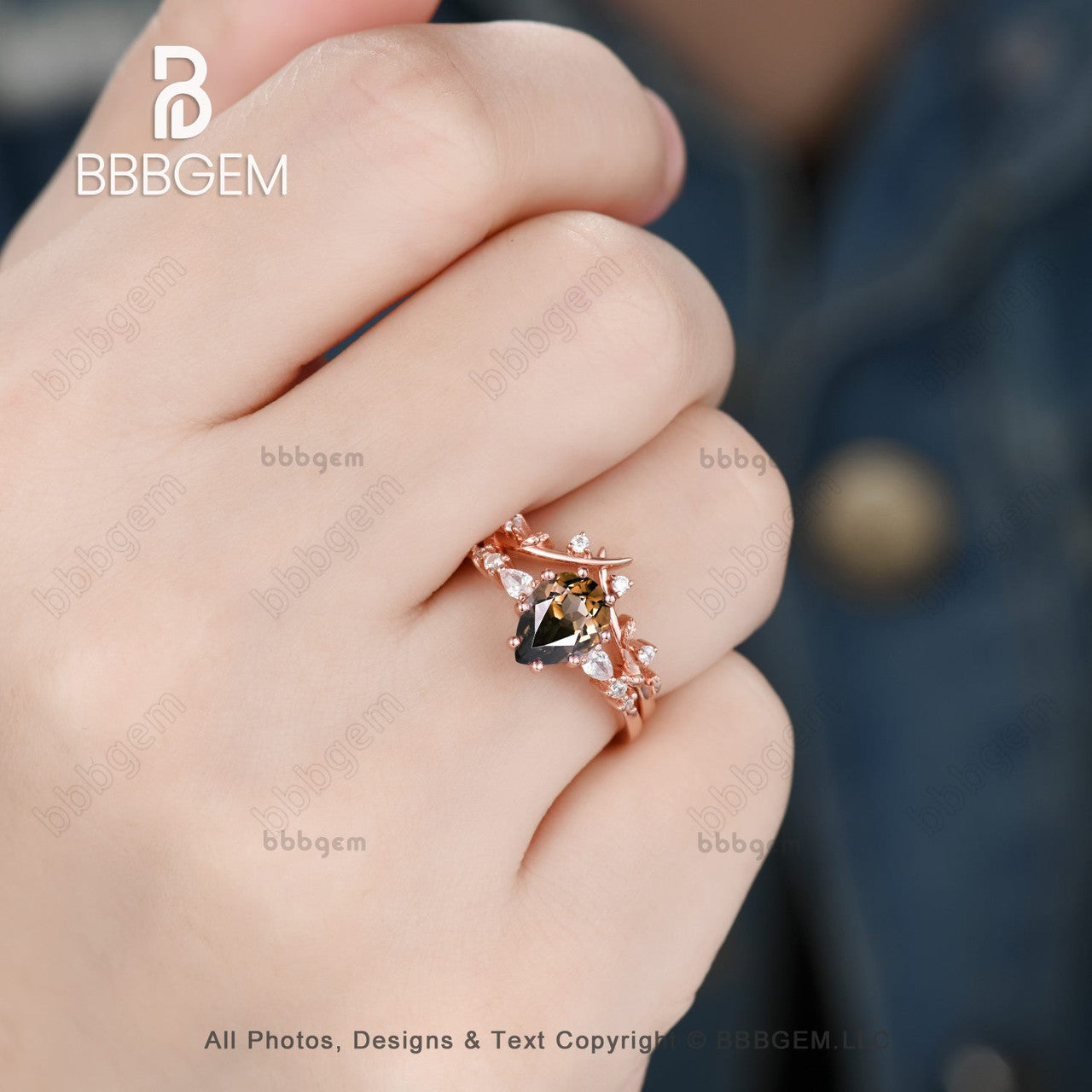 Vintage Branched Leave Vine Pear Natural Black Onyx Art Deco Promise Ring Set for Women Nature Inspired Bridal Set