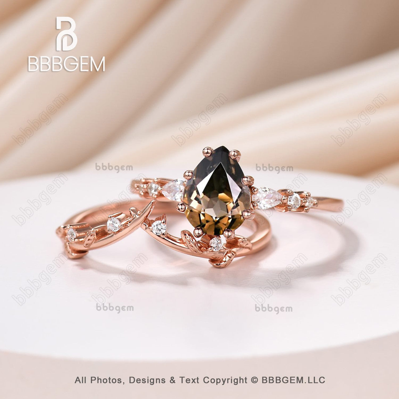 Vintage Branched Leave Vine Pear Natural Black Onyx Art Deco Promise Ring Set for Women Nature Inspired Bridal Set