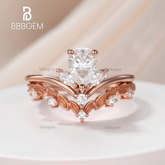 Botanical Floral Pear and Marquise Moissanite Ring Set Filigree Rose Gold- art nouveau ring set