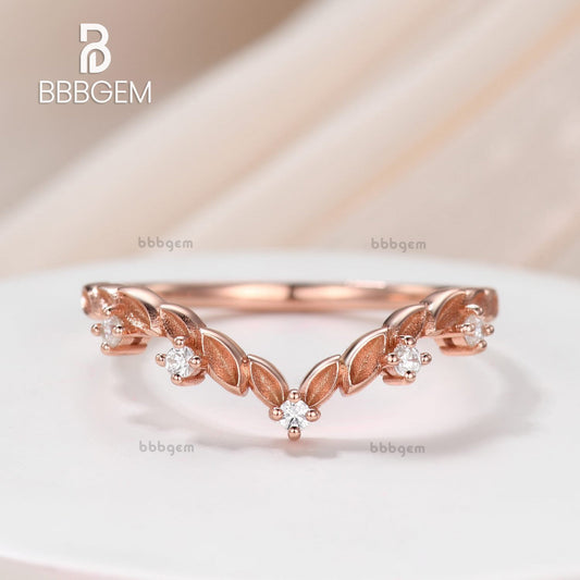 Botanical leafy women ring band with diamond-diamond natural Foliage rose gold band