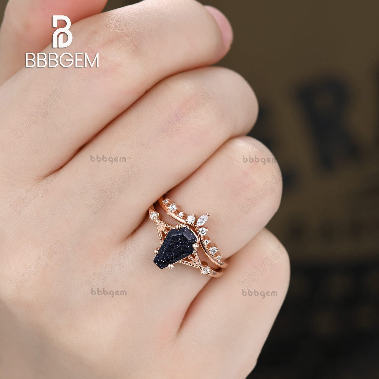 Coffin Cut Blue Sandstones Ring Set For Bridal Wedding Jewelry 14k Rose Gold 