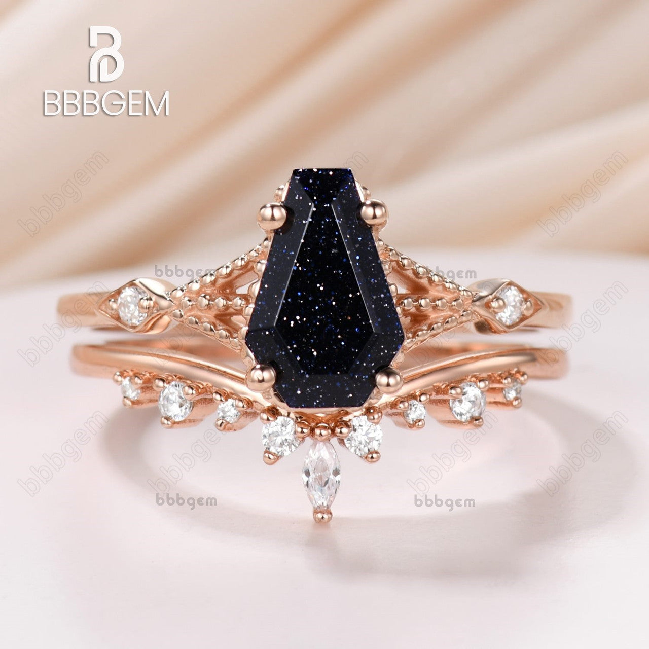 Coffin Cut Blue Sandstones Ring Set For Bridal Wedding Jewelry 14k Rose Gold 