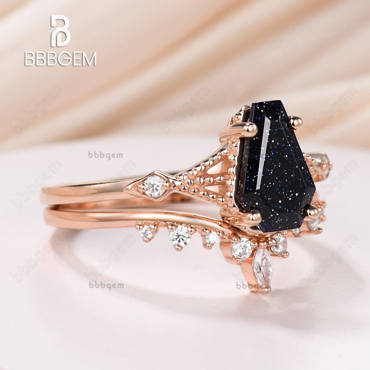 Coffin Cut Blue Sandstones Ring Set For Bridal Wedding Jewelry 14k Rose Gold 