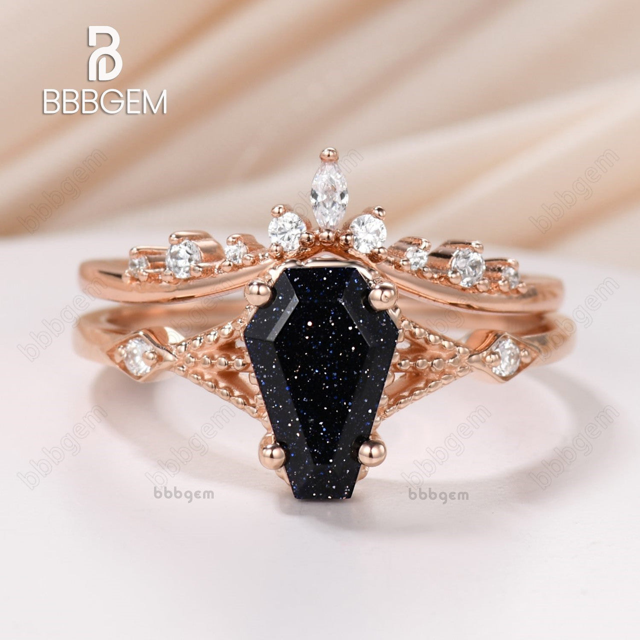 Coffin Cut Blue Sandstones Ring Set For Bridal Wedding Jewelry 14k Rose Gold 