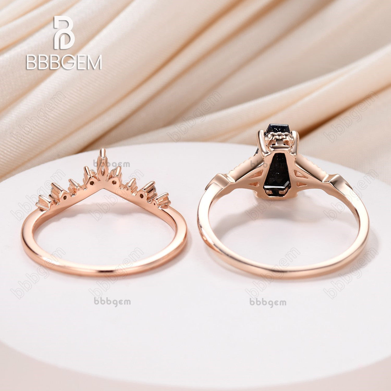 Coffin Cut Blue Sandstones Ring Set For Bridal Wedding Jewelry 14k Rose Gold 