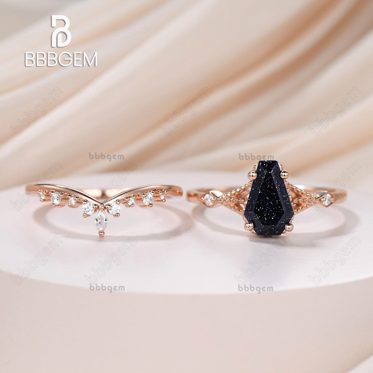 Coffin Cut Blue Sandstones Ring Set For Bridal Wedding Jewelry 14k Rose Gold 