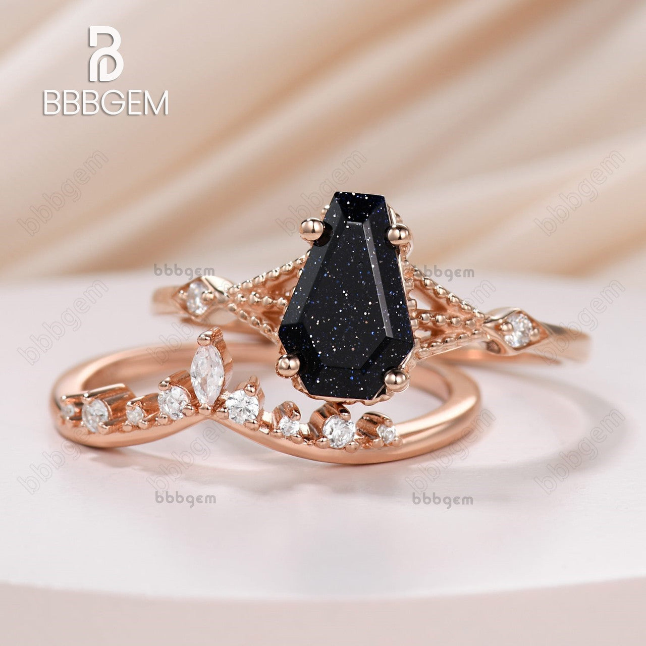 Coffin Cut Blue Sandstones Ring Set For Bridal Wedding Jewelry 14k Rose Gold 