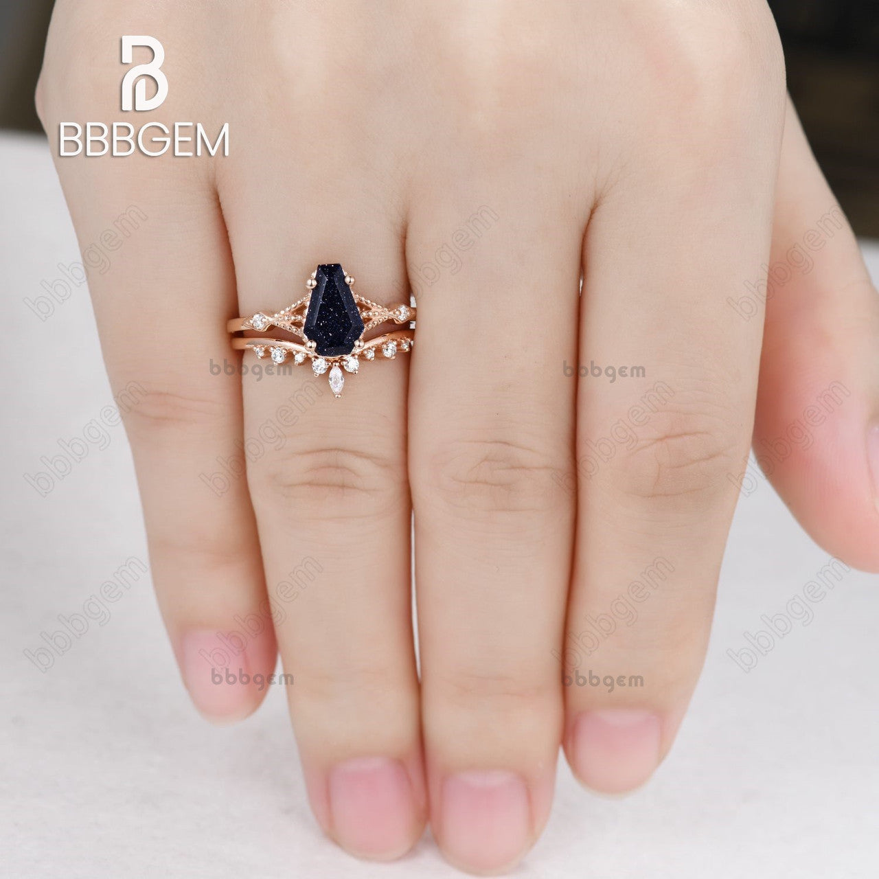 Coffin Cut Blue Sandstones Ring Set For Bridal Wedding Jewelry 14k Rose Gold 