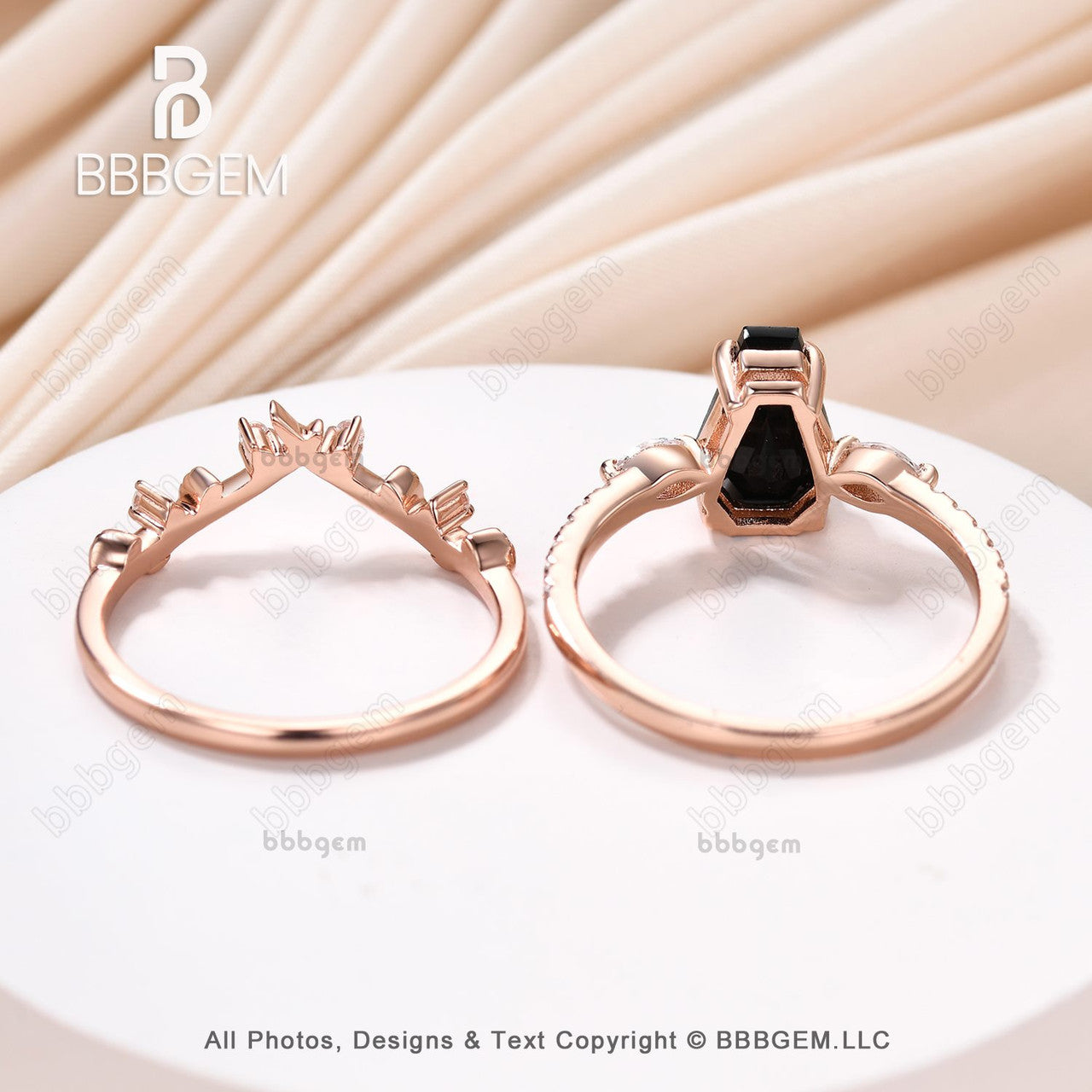 Coffin Shape Black Onyx Engagement Ring Set-Vintage Moissanite Cluster Wedding Ring Art Deco Curved Stacking Band Unique Bridal Promise Set 