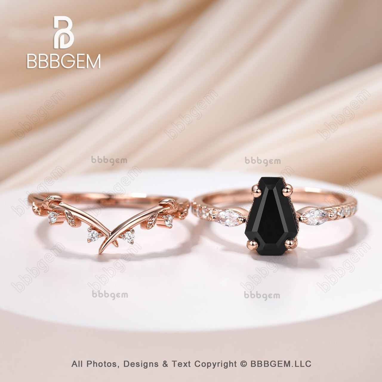 Coffin Shape Black Onyx Engagement Ring Set-Vintage Moissanite Cluster Wedding Ring Art Deco Curved Stacking Band Unique Bridal Promise Set 