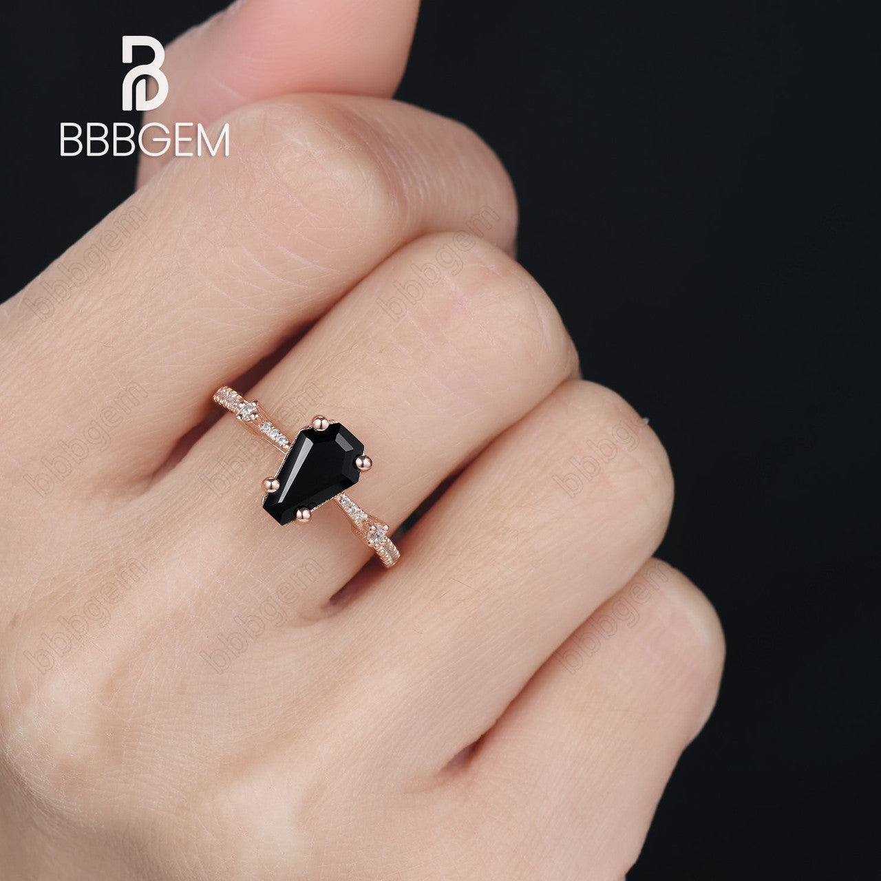 Coffin Shape Natural Black Onyx Women's Ring Rose Gold, Black Gemstone Wedding Ring 