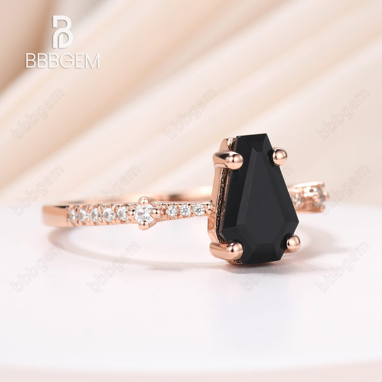 Coffin Shape Natural Black Onyx Women's Ring Rose Gold, Black Gemstone Wedding Ring 