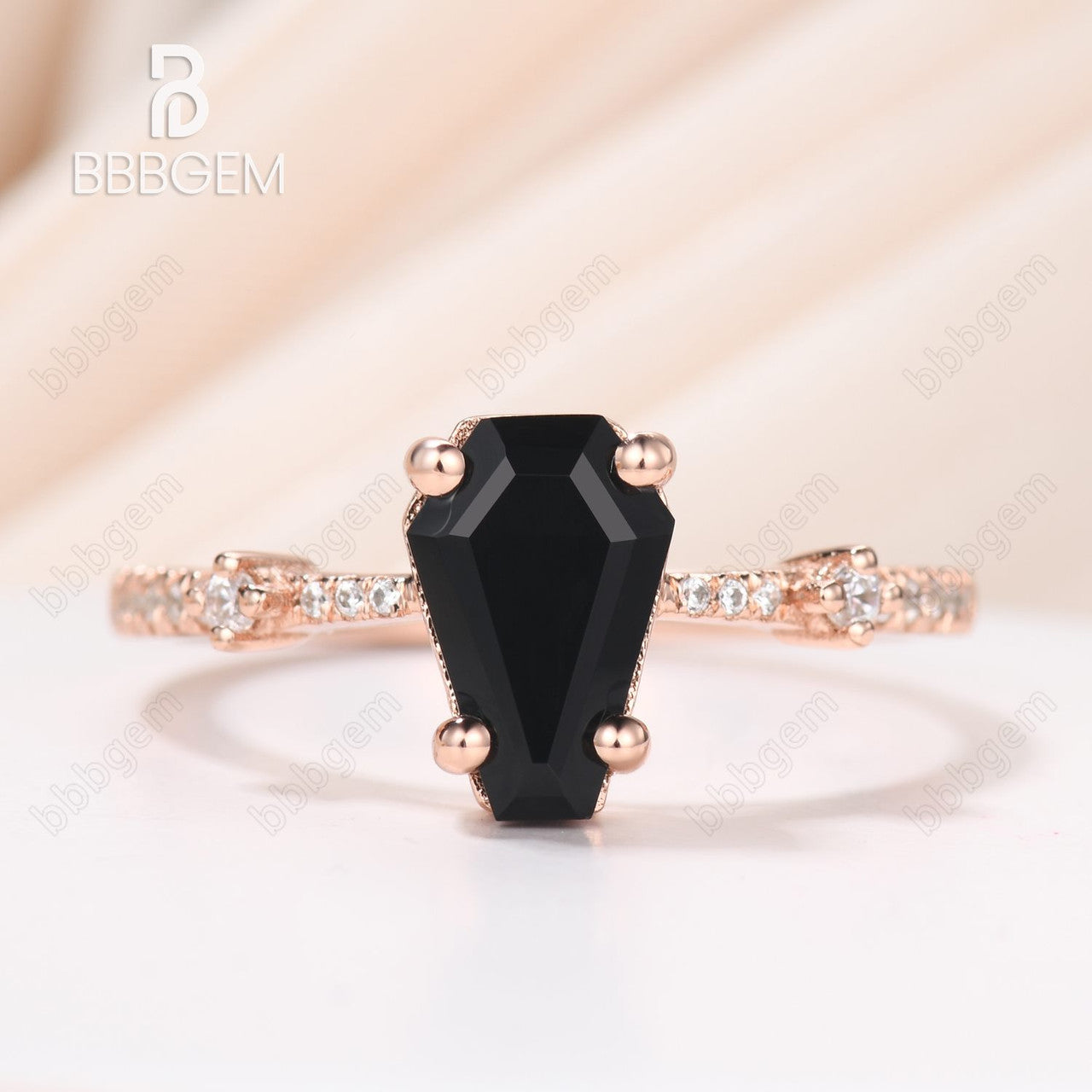 Coffin Shape Natural Black Onyx Women's Ring Rose Gold, Black Gemstone Wedding Ring 