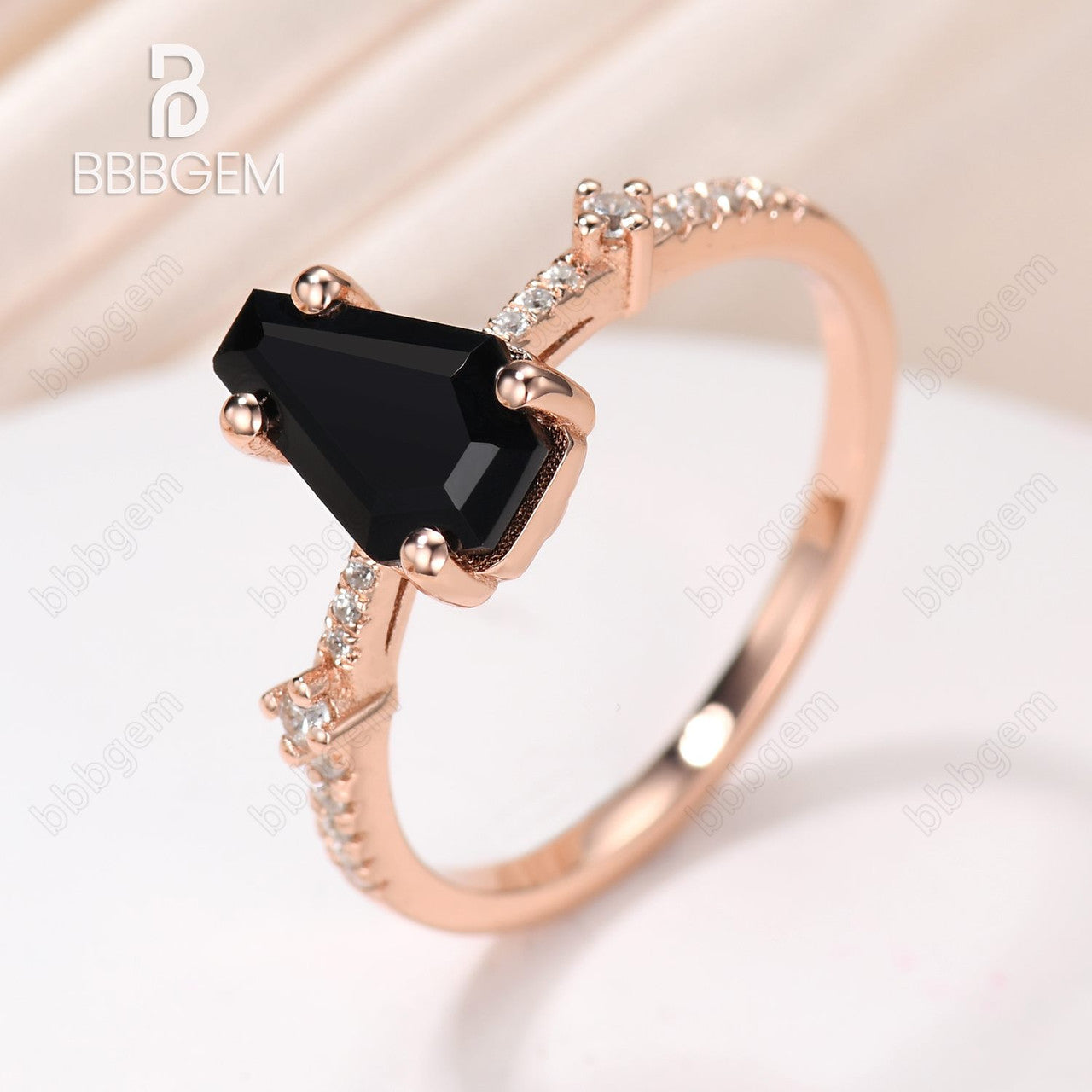 Coffin Shape Natural Black Onyx Women's Ring Rose Gold, Black Gemstone Wedding Ring 