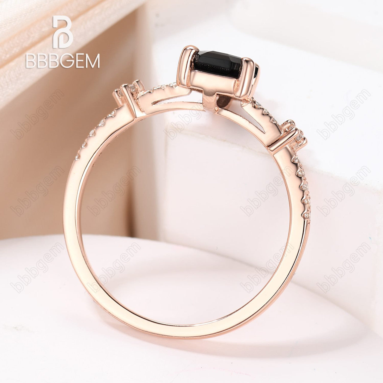 Coffin Shape Natural Black Onyx Women's Ring Rose Gold, Black Gemstone Wedding Ring 