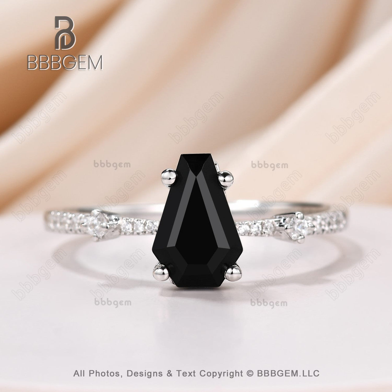 Coffin Shape Natural Black Onyx Women's Ring White Gold Coffin 9x6mm Black Agate Gemstone Wedding Ring Marriage Ring